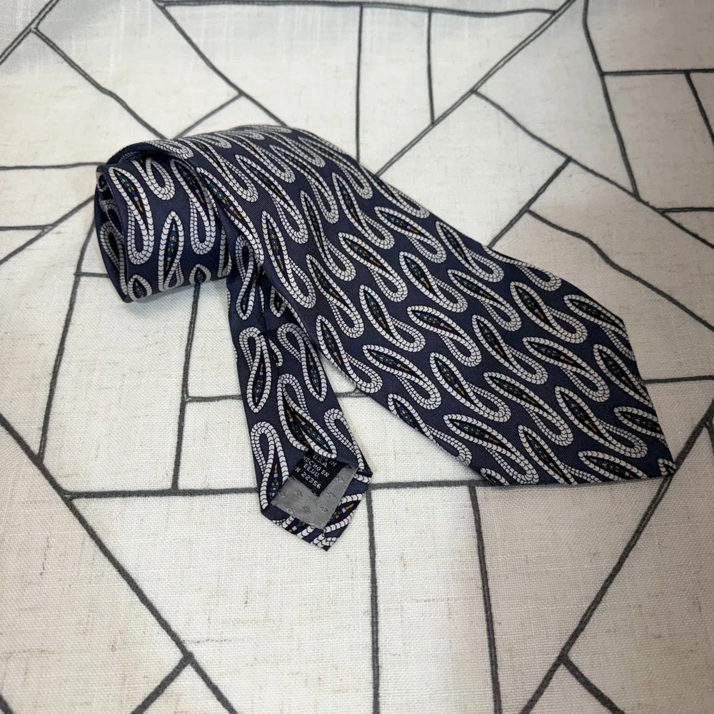 Rubio Silk‎ Necktie Boho Navy Blue Abstract Paisley Collezione Esclusivo
